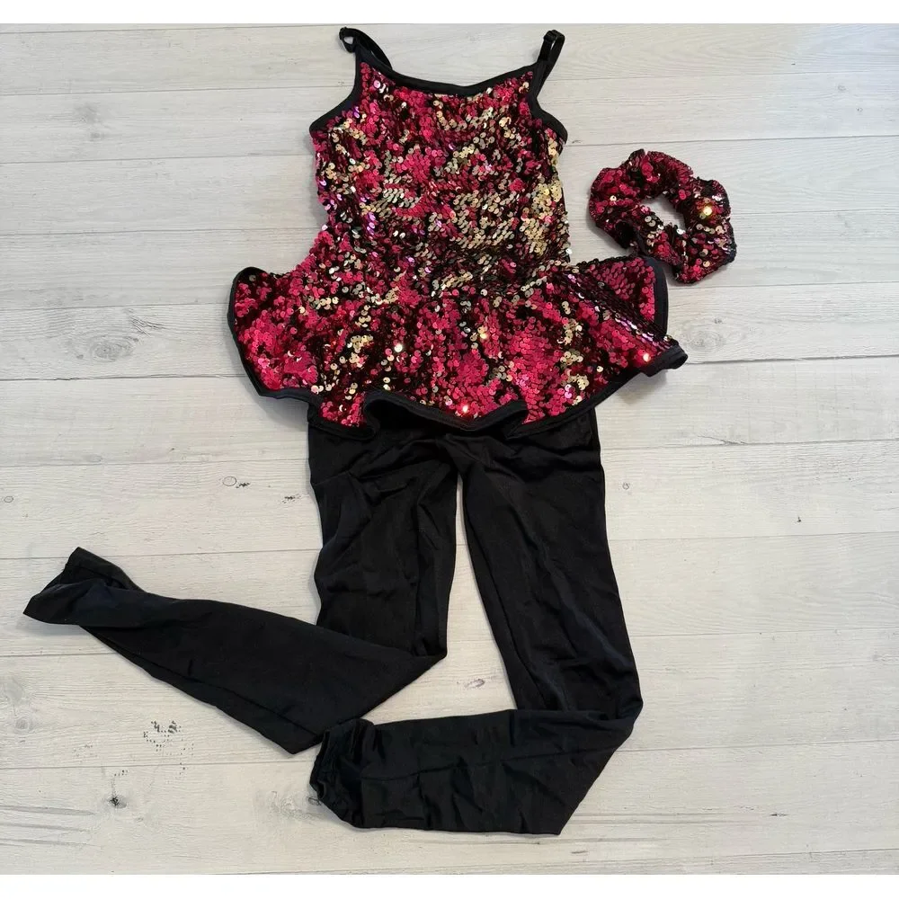 Weismann dance costume leotard pink gold black with scrunchie child‎ small